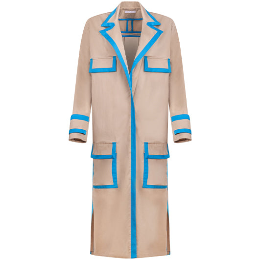 Helene Galwas REVERS MAXI COAT “IRA” IN LIGHT BEIGE COTTON WITH LIGHT BLUE DETAILS the wearness