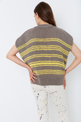 CLAUSSEN Ärmelloser Pullover, handgestrickt, braun, gelb, Baumwolle, fair, nachhaltig, umweltfreundlich