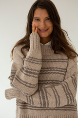 CLAUSSEN Pullover, handgestrickt, braun, mit Streifen, Baumwolle, fair, nachhaltig, umweltfreundlich